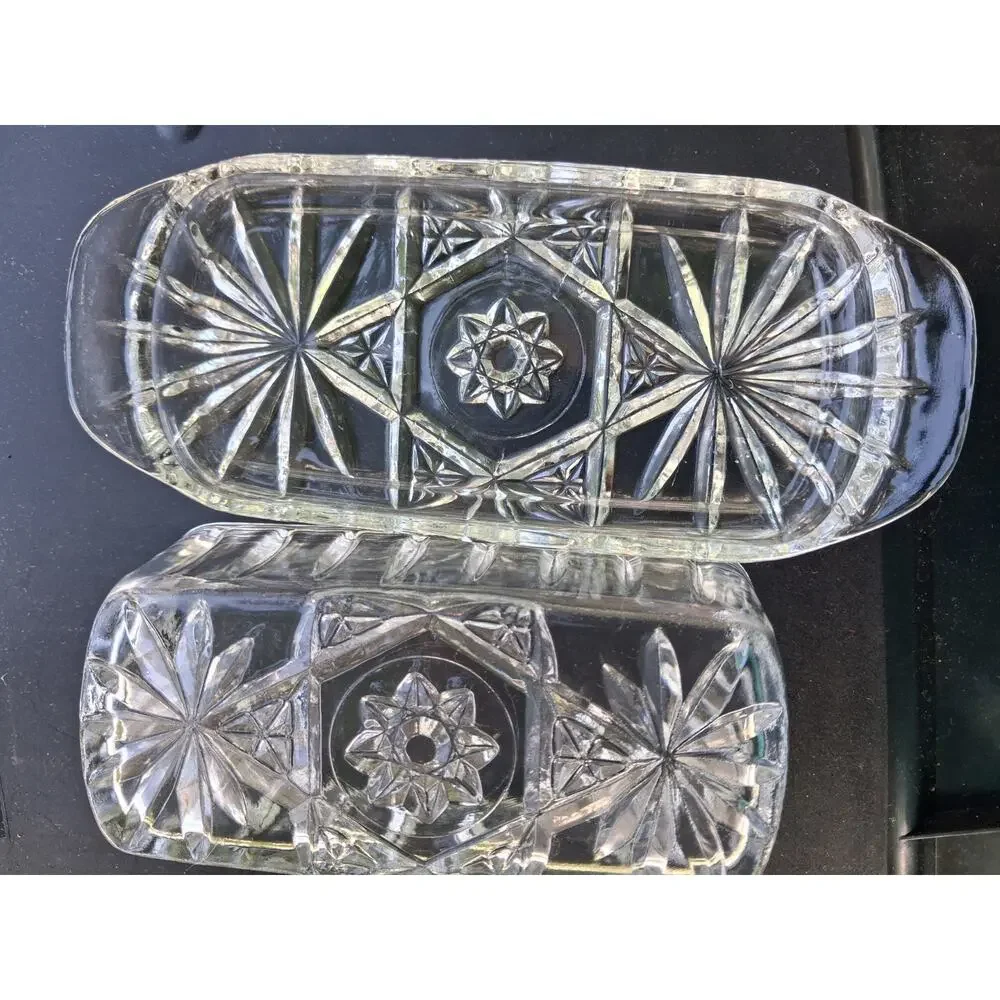 Anchor Hocking Star Of David American Prescut Glass Covered Butter Dish